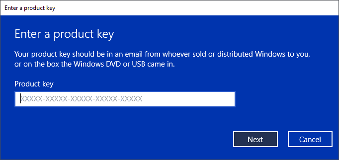 Windows 10 Prompt for entering your Product Key